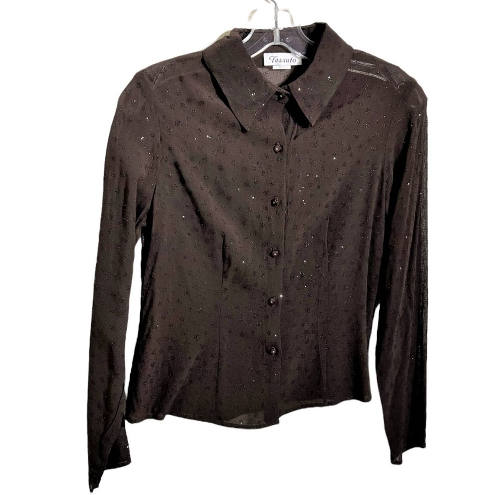 Tessuto Chocolate Brown Sheer Sparkle Button Down Rayon Blouse, Size 8